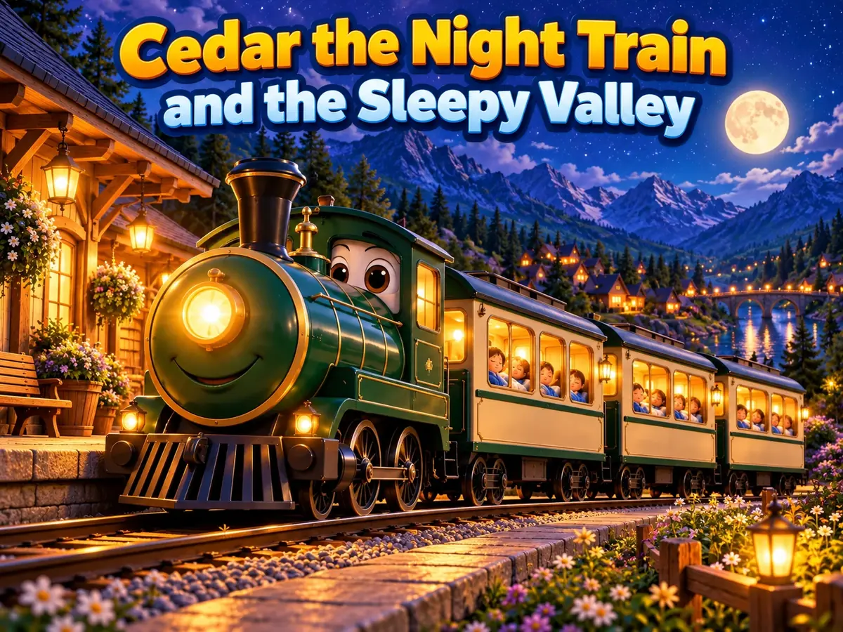 Cedar the Night Train and the Sleepy Valley: a smiling green steam train pulling glowing carriages past a station at dusk